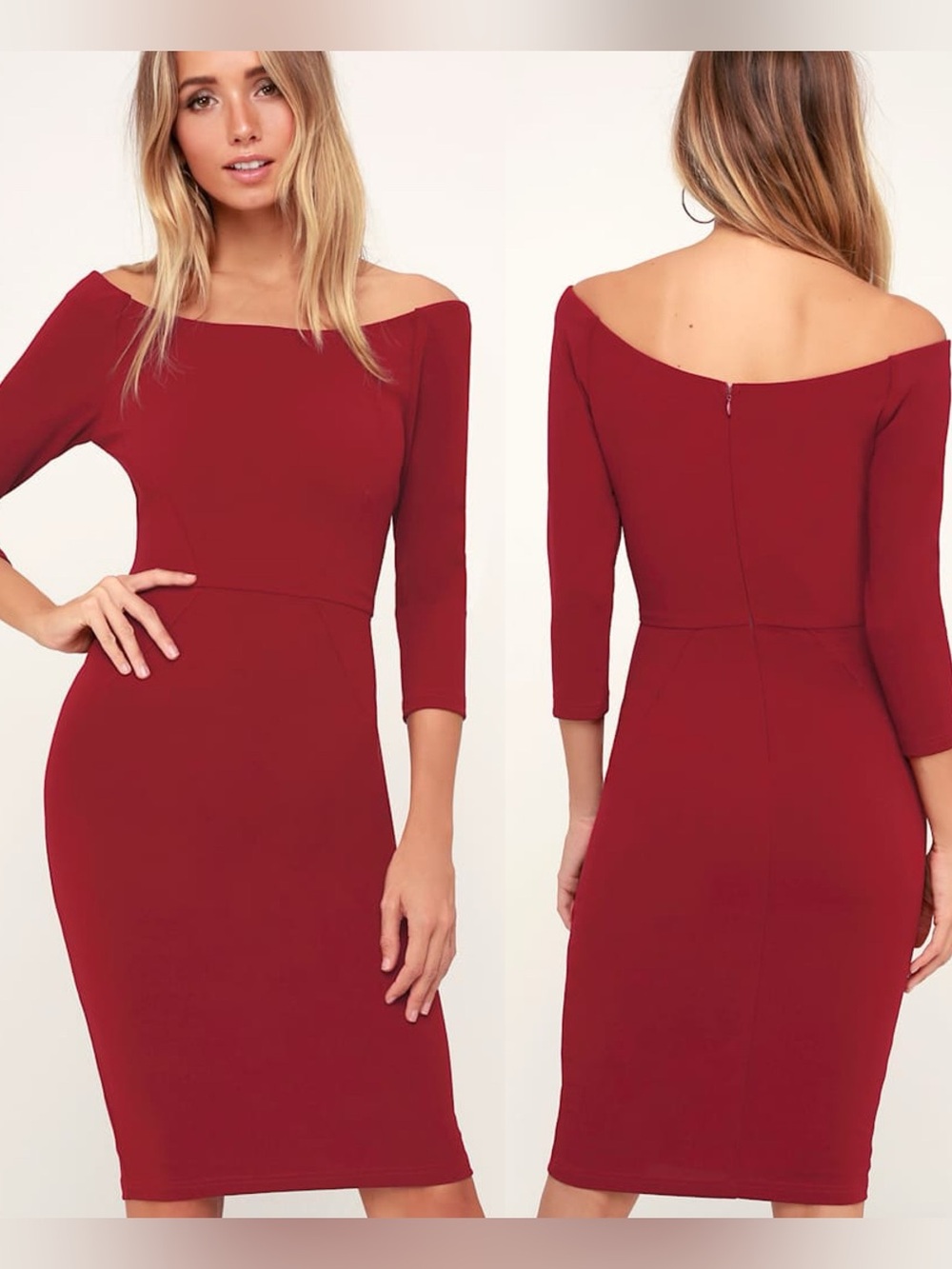Lulus | C.E.O. My! Wine Red Three-Quarter Sleeve Bodycon Midi Dress